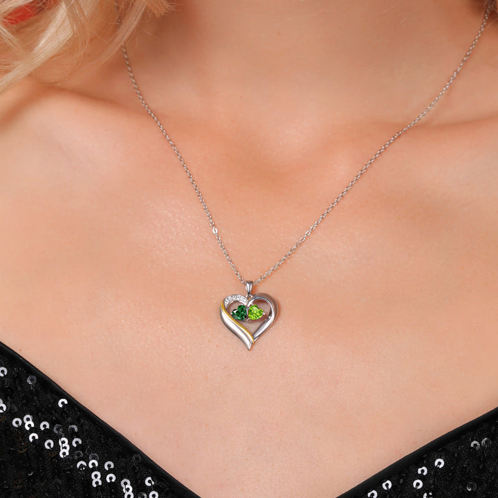 925 Silver and 10K Yellow Gold Heart Shape Lab Grown Diamond Pendant Necklace for Women with Green Nano Emerald and Green Peridot (1.03 Cttw, Double Heart, 18 Inch Chain)