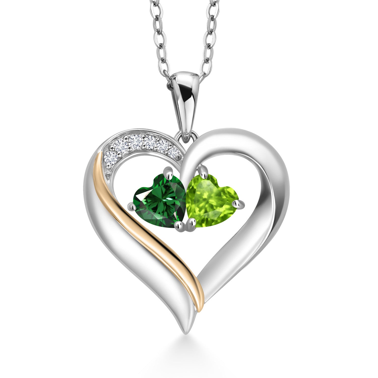 925 Silver and 10K Yellow Gold Heart Shape Lab Grown Diamond Pendant Necklace for Women with Green Nano Emerald and Green Peridot (1.03 Cttw, Double Heart, 18 Inch Chain)