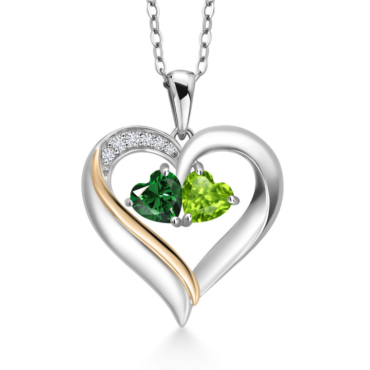 925 Silver and 10K Yellow Gold Heart Shape Lab Grown Diamond Pendant Necklace for Women with Green Nano Emerald and Green Peridot (1.03 Cttw, Double Heart, 18 Inch Chain)