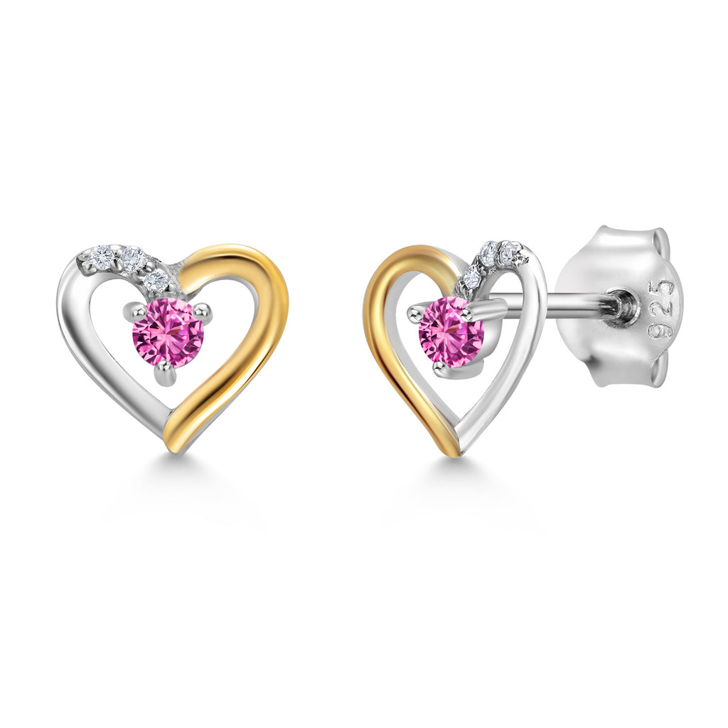Pink Created Sapphire - September_Earrings in 925 Sterling Silver and 10K Yellow Gold