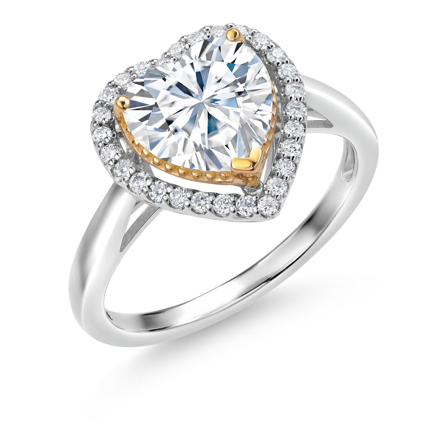 925 Sterling Silver and 10K Yellow Gold White Moissanite and Lab Grown Diamond Engagement Ring For Women (2.00 Cttw, Heart Shape 8MM, Available In Size 5, 6, 7, 8, 9)