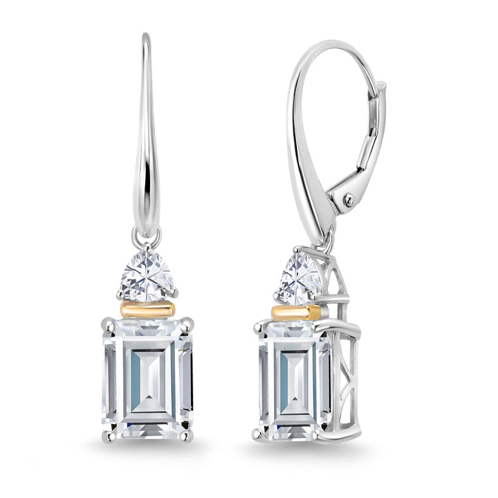 925 Sterling Silver and 10K Yellow Gold White Moissanite Dangle Earrings For Women (5.50 Cttw, Emerald Cut 9X7MM, Trillion 4MM)