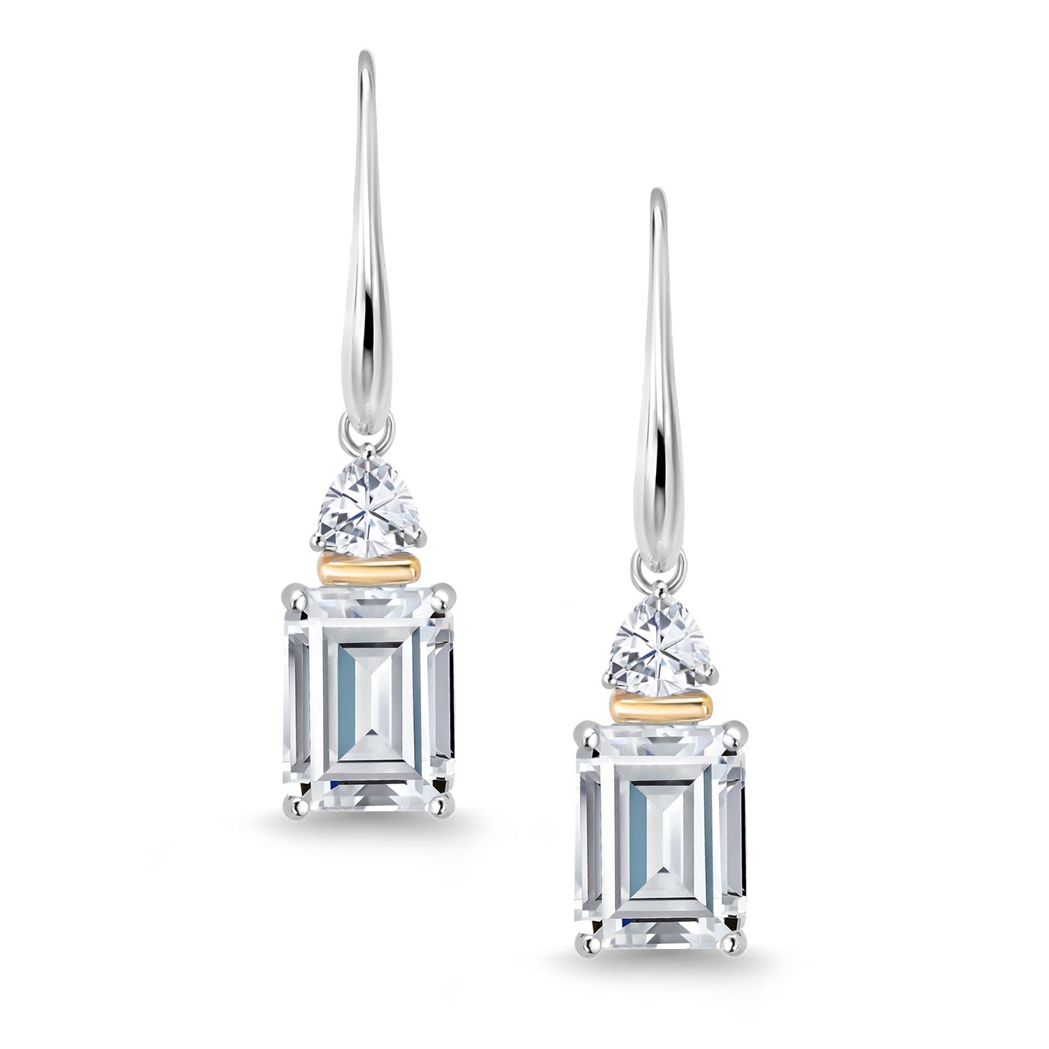 925 Sterling Silver and 10K Yellow Gold White Moissanite Dangle Earrings For Women (5.50 Cttw, Emerald Cut 9X7MM, Trillion 4MM)