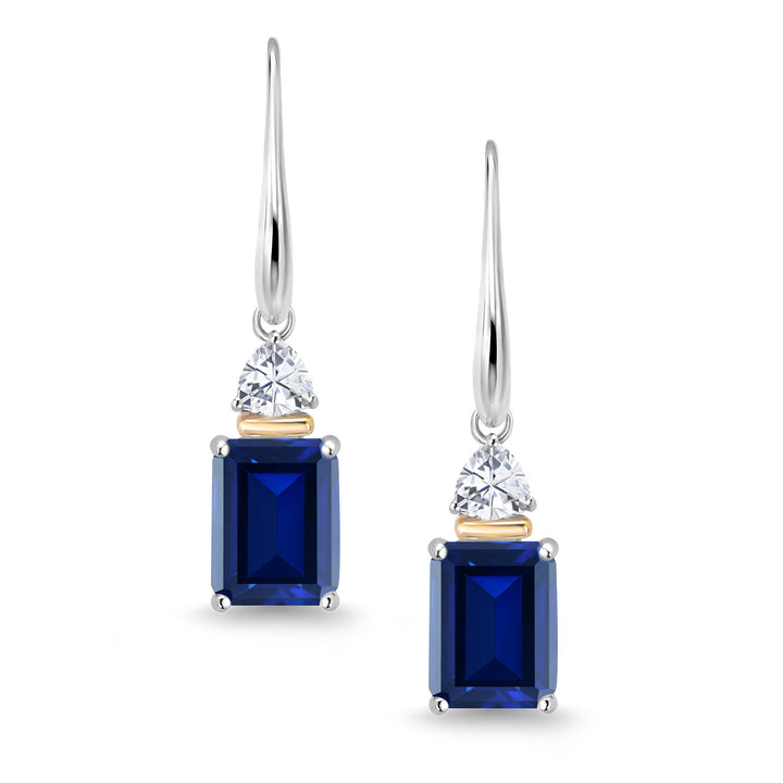 925 Sterling Silver and 10K Yellow Gold Blue Created Sapphire and White Moissanite Dangle Earrings For Women (5.86 Cttw, Octagon Cut 9X7MM, Trillion 4MM)