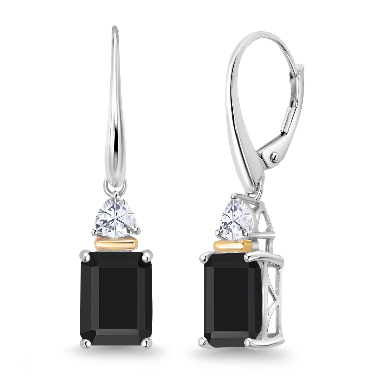 925 Sterling Silver and 10K Yellow Gold Black Onyx and White Moissanite Dangle Earrings For Women (4.66 Cttw, Gemstone Birthstone, Octagon Cut 9X7MM, Trillion 4MM)