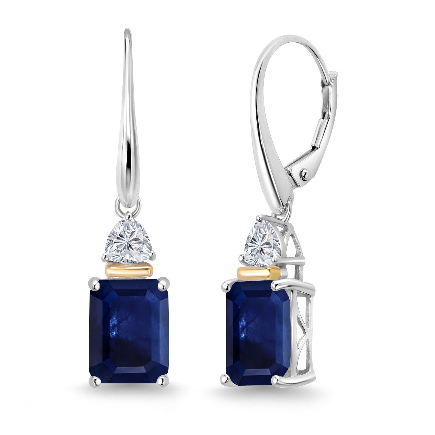 925 Silver and 10K Yellow Gold Blue Sapphire and Lab Grown Diamond Stud Dangle Earrings for Women | 5.34 Cttw | Gemstone September Birthstone | Octagon 9X7MM