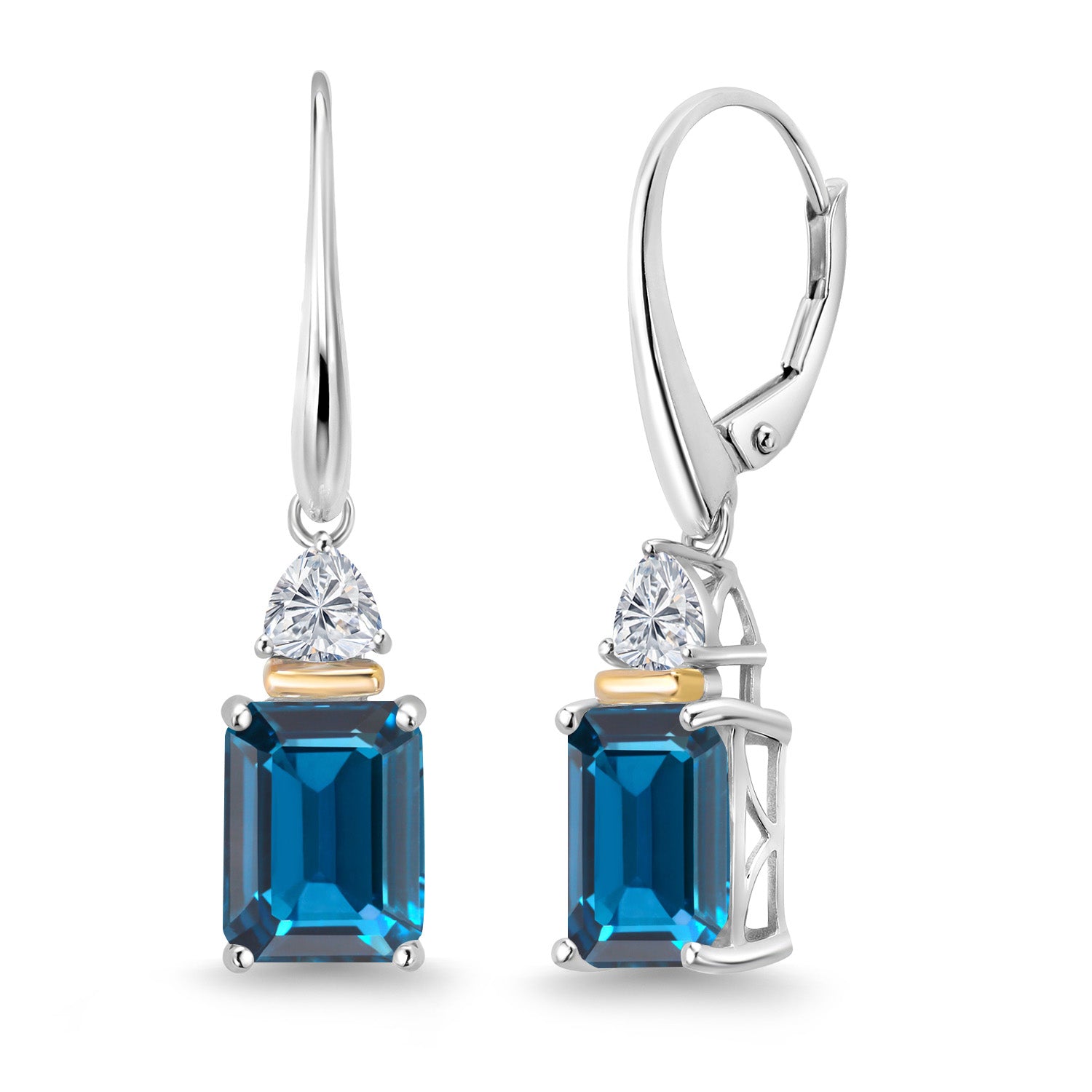 925 Silver and 10K Yellow Gold London Blue Topaz and Lab Grown Diamond Stud Dangle Earrings for Women | 5.86 Cttw | Gemstone November Birthstone | Emerald Cut 9X7MM