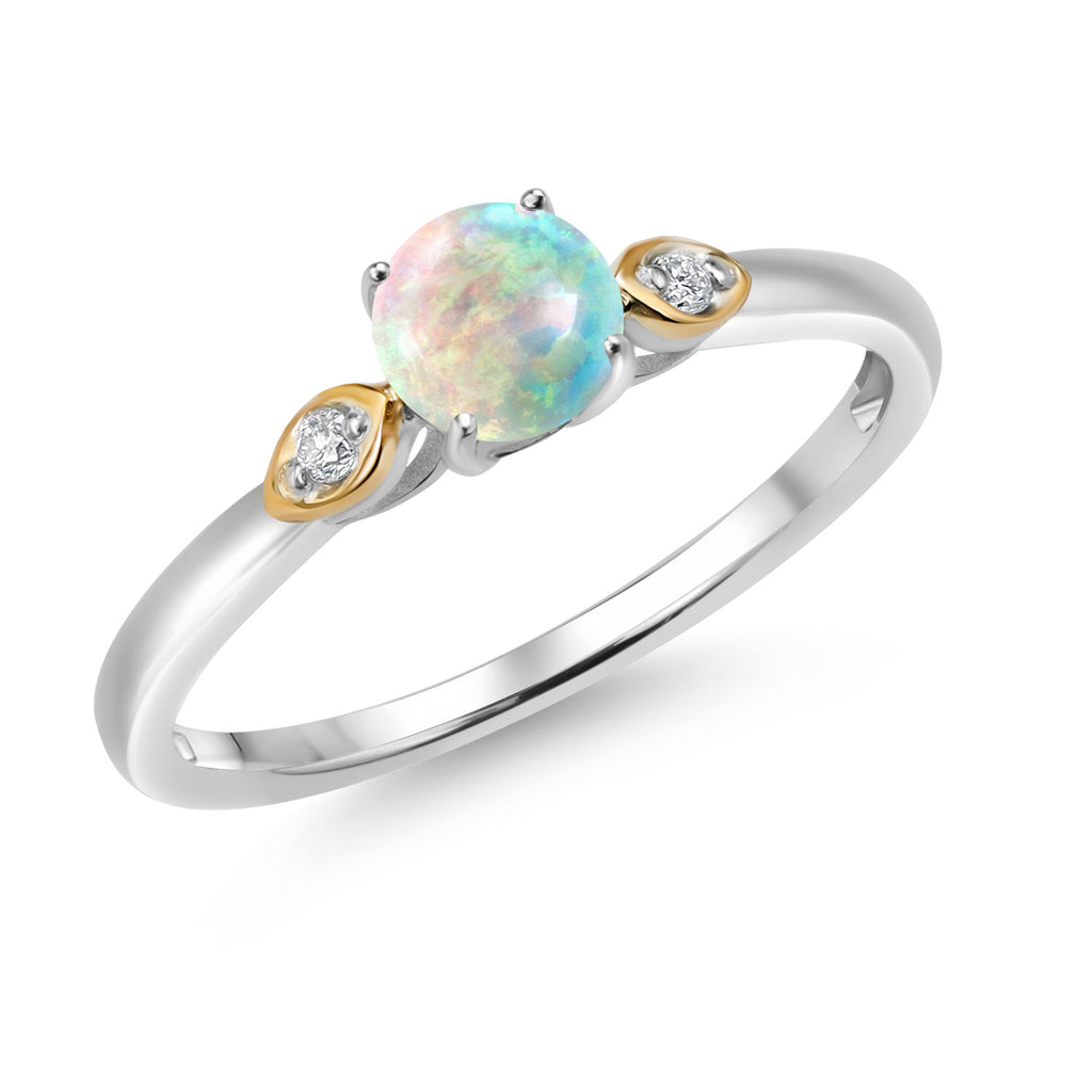 White Simulated Opal-Cabochon - October_6_Ring in 925 Sterling Silver and 10K Yellow Gold