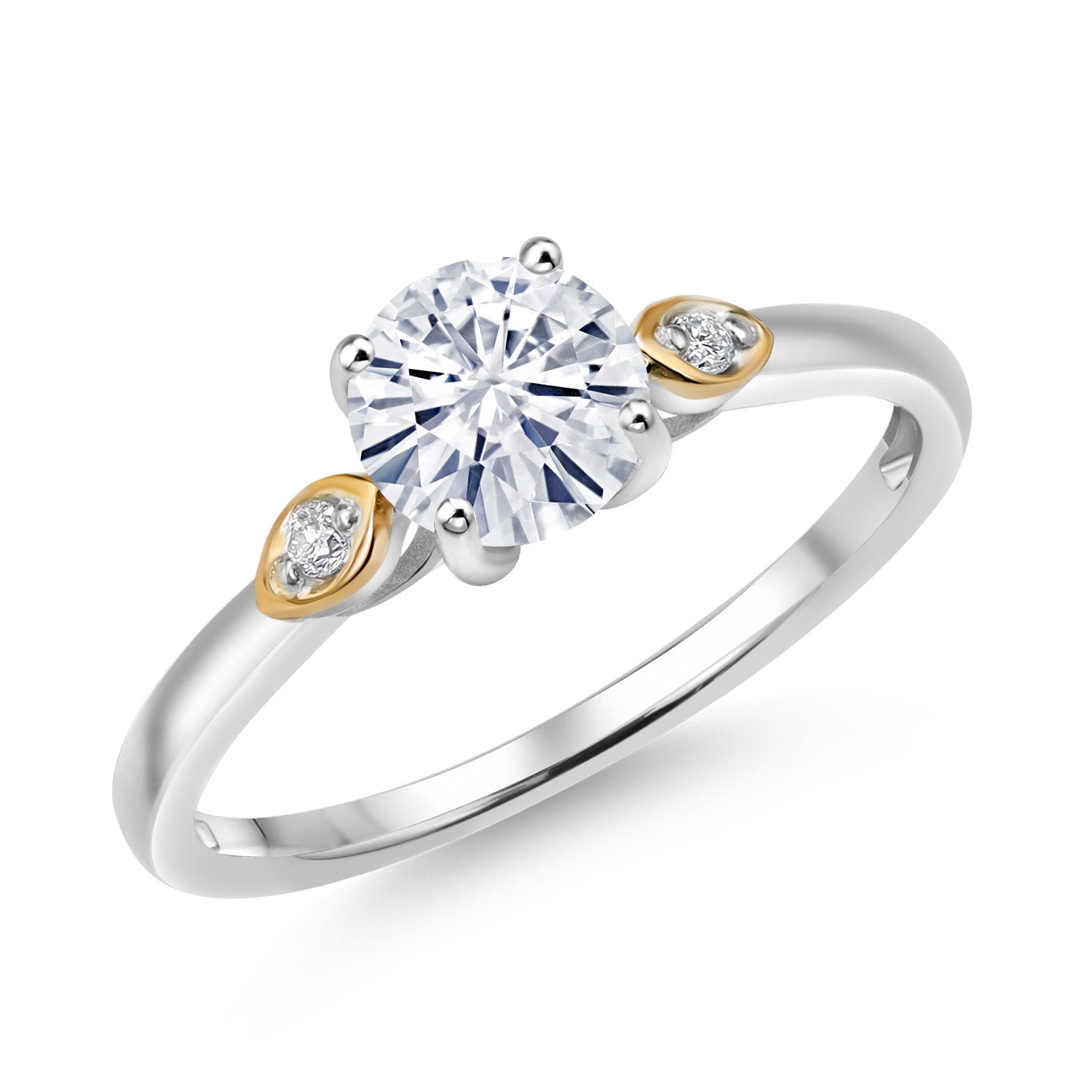 925 Silver and 10K Yellow Gold White Moissanite and White Lab Grown Diamond 3-Stone Engagement Ring For Women (0.83 Cttw, Round 6MM, Gemstone Birthstone, Available in Size 5,6,7,8,9)