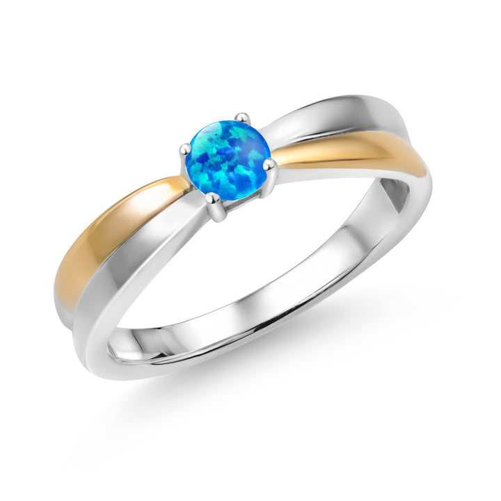Blue Simulated Opal - October_5_Ring in 925 Sterling Silver and 10K Yellow Gold