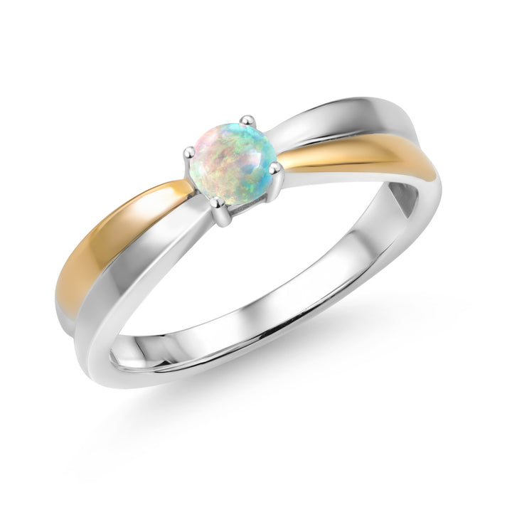 White Simulated Opal-Cabochon - October_5_Ring in 925 Sterling Silver and 10K Yellow Gold