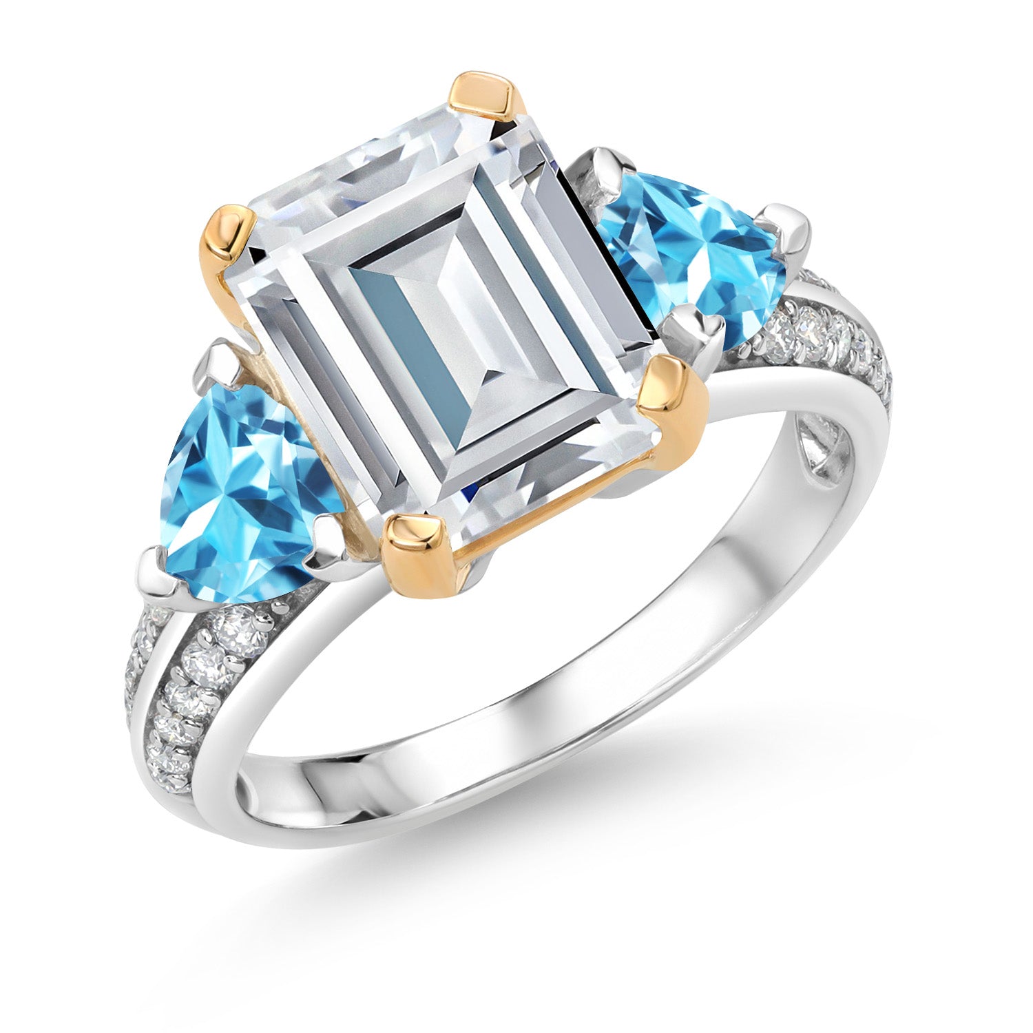 925 Sterling Silver and 10k Yellow Gold White Moissanite and Swiss Blue Topaz 3 Stone Engagement Ring For Women (4.90 Cttw, Emerald Cut Cut 10X8MM, Available In Size 5, 6, 7, 8, 9)