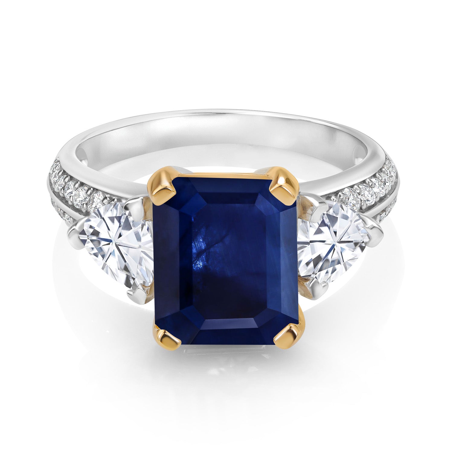 925 Sterling Silver and 10K Yellow Gold Blue Sapphire and White Moissanite 3 Stone Engagement Ring For Women (4.58 Cttw, Octagon Cut 10X8MM, Available In Size 5, 6, 7, 8, 9)