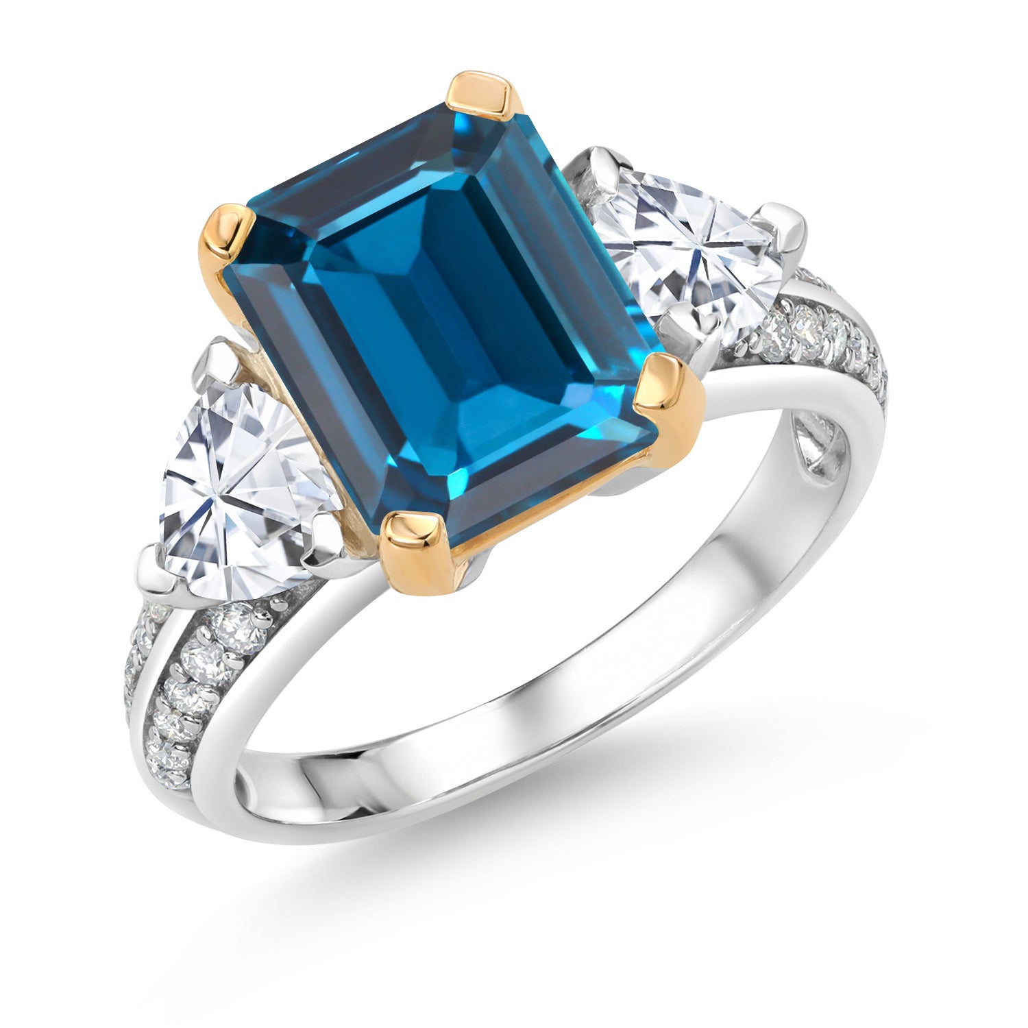 925 Sterling Silver and 10k Yellow Gold London Blue Topaz and White Moissanite 3 Stone Engagement Ring For Women (5.13 Cttw, Octagon Cut 10X8MM, Available In Size 5, 6, 7, 8, 9)