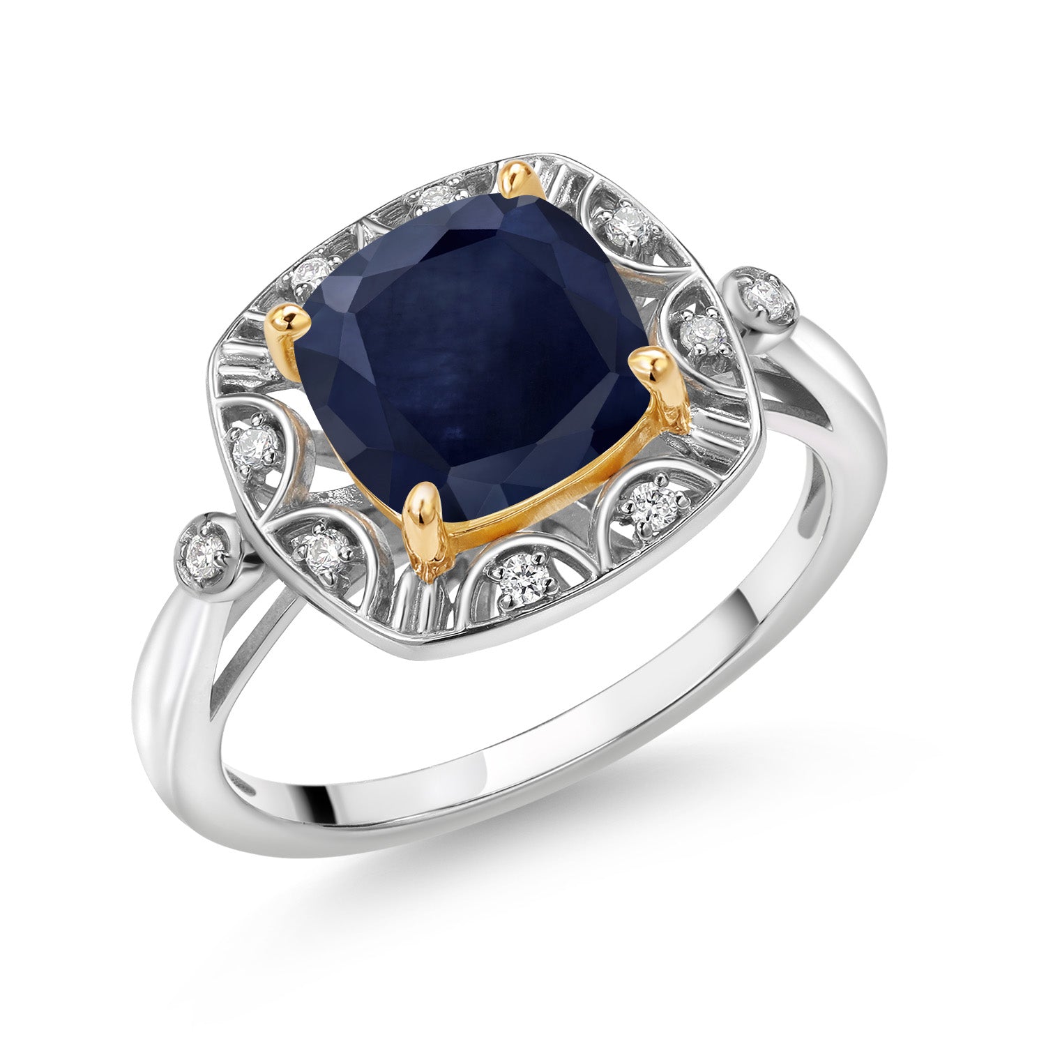 925 Sterling Silver and 10K Yellow Gold Blue Sapphire and White Lab Grown Diamond Engagement Ring For Women (2.89 Cttw, Cushion Cut 8MM, Available 5,6,7,8,9)