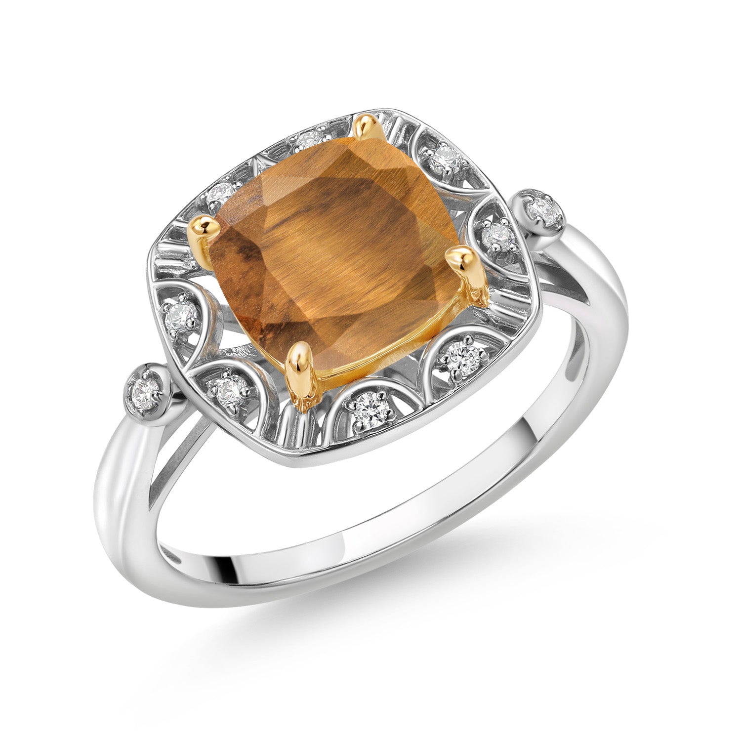 925 Sterling Silver and 10k Yellow Gold Brown Tiger Eye and White Lab Grown Diamond Engagement Ring For Women (2.07 Cttw, Cushion Cut 8MM, Available 5,6,7,8,9)