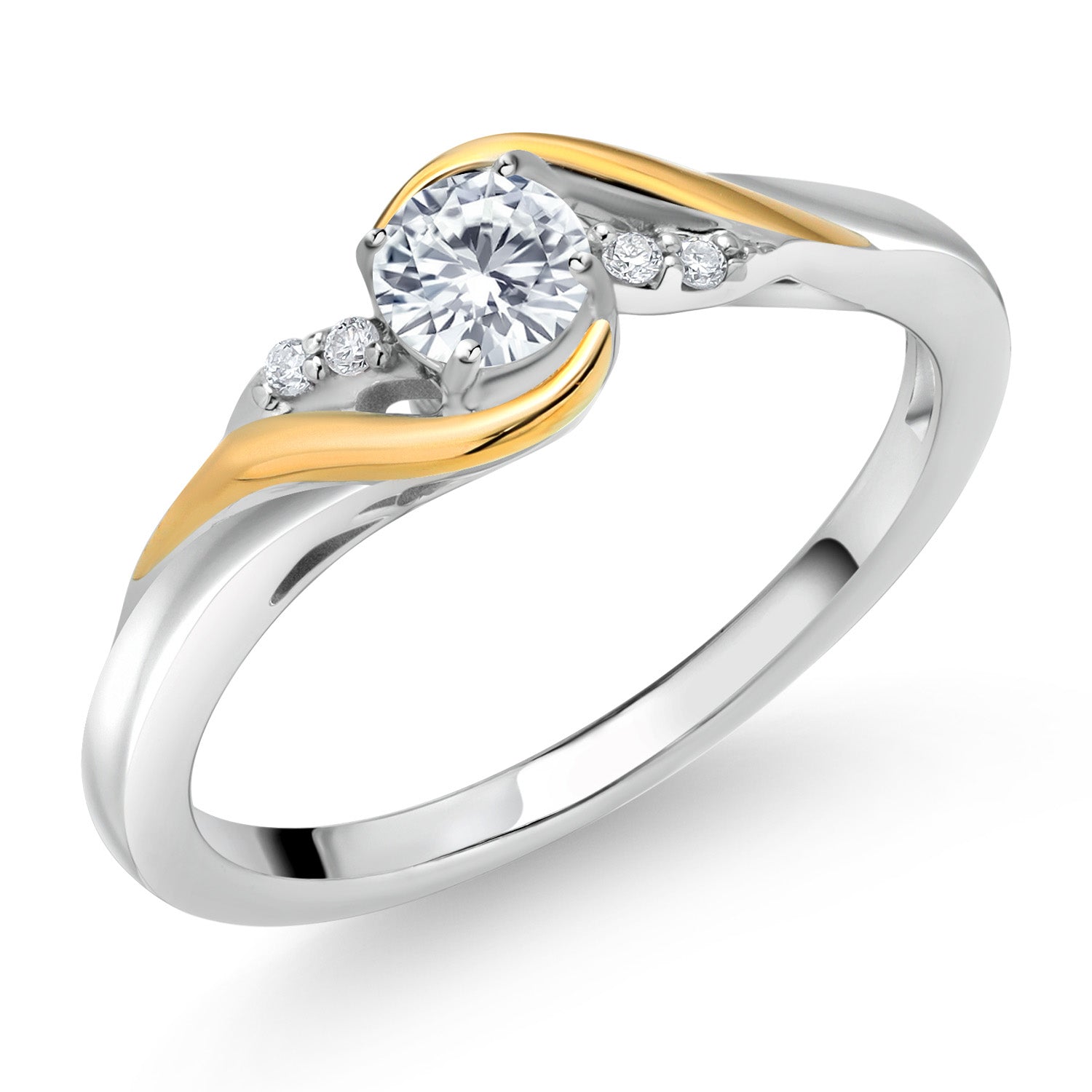 925 Sterling Silver and 10K Yellow Gold Round White Moissanite from Charles & Colvard and White Lab Grown Diamond Engagement Ring For Women (0.26 Cttw, Birthstone, Available In Size 5,6,7,8,9)