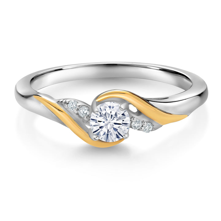 925 Sterling Silver and 10K Yellow Gold Round White Moissanite from Charles & Colvard and White Lab Grown Diamond Engagement Ring For Women (0.26 Cttw, Birthstone, Available In Size 5,6,7,8,9)