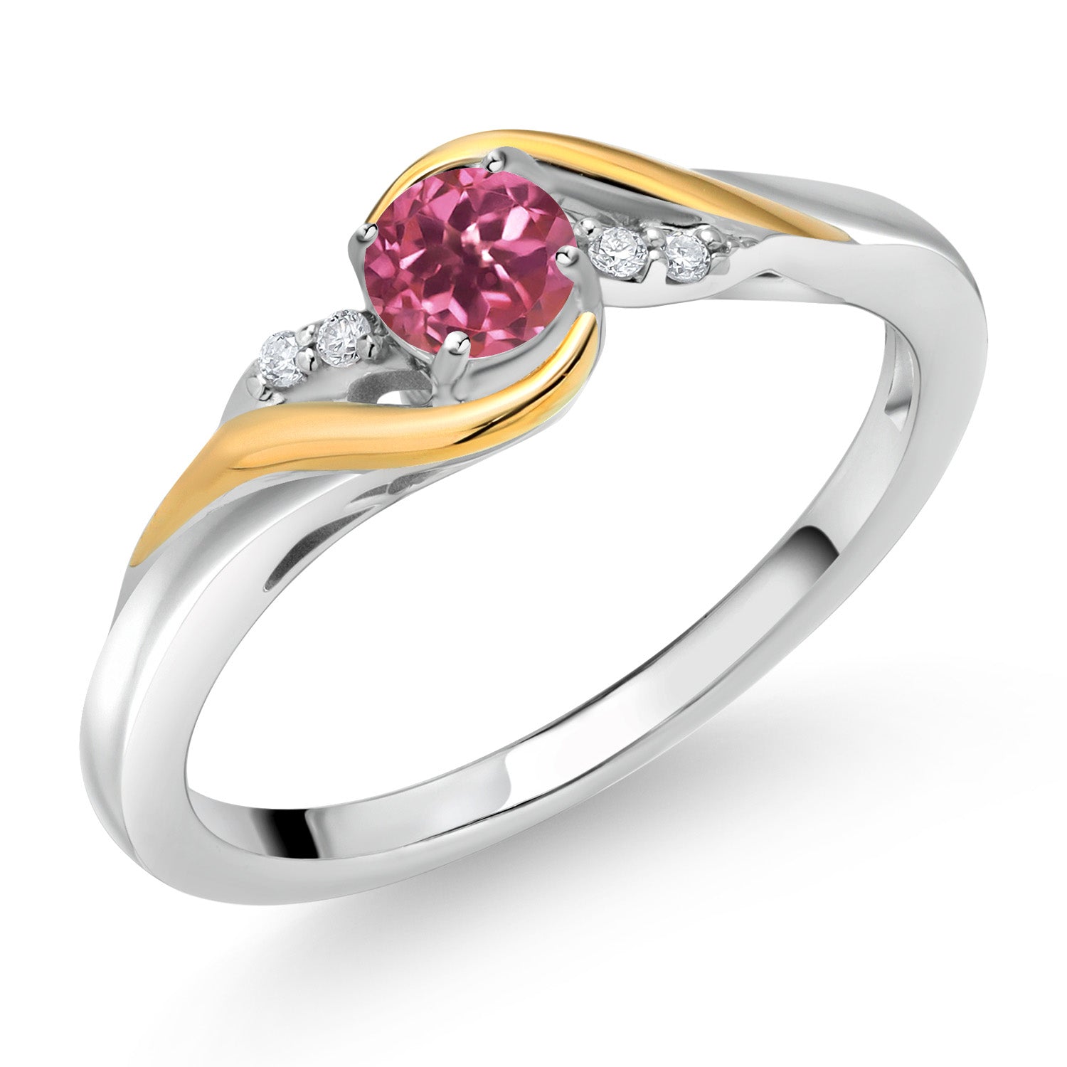 925 Sterling Silver and 10K Yellow Gold Round Pink Tourmaline and White Lab Grown Diamond Engagement Ring For Women (0.28 Cttw, Gemstone Birthstone, Available In Size 5, 6, 7, 8, 9)