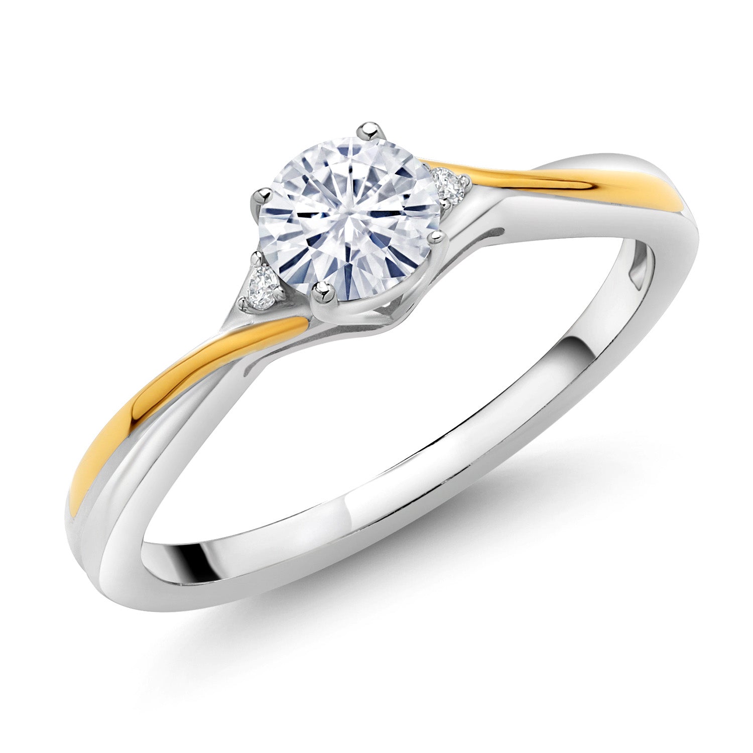 2 Tone 925 Sterling Silver and 10k Yellow Gold White Moissanite and White Lab Grown Diamond Solitaire Engagement Ring For Women (0.52 Cttw, Round 5MM, Available In Size 5, 6, 7, 8, 9)