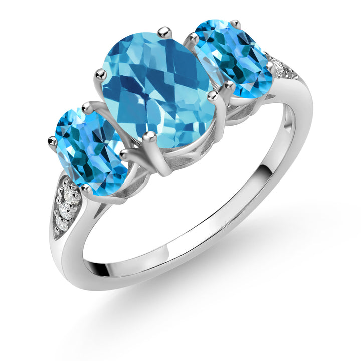 10K White Gold Swiss Blue Topaz and White Lab Grown Diamond 3 Stone Engagement Ring For Women (2.44 Cttw, Gemstone Birthstone, Available In Size 5, 6, 7, 8, 9)