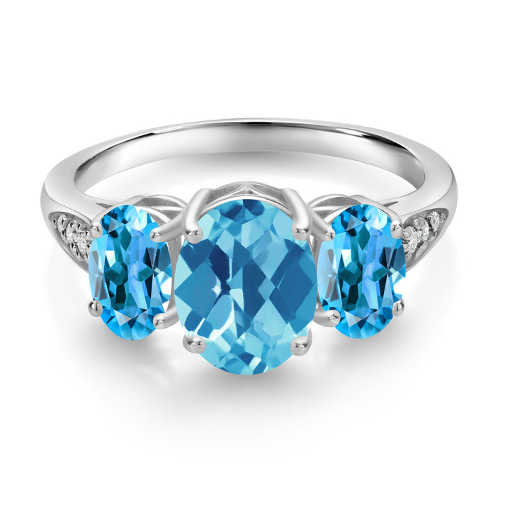 10K White Gold Swiss Blue Topaz and White Lab Grown Diamond 3 Stone Engagement Ring For Women (2.44 Cttw, Gemstone Birthstone, Available In Size 5, 6, 7, 8, 9)