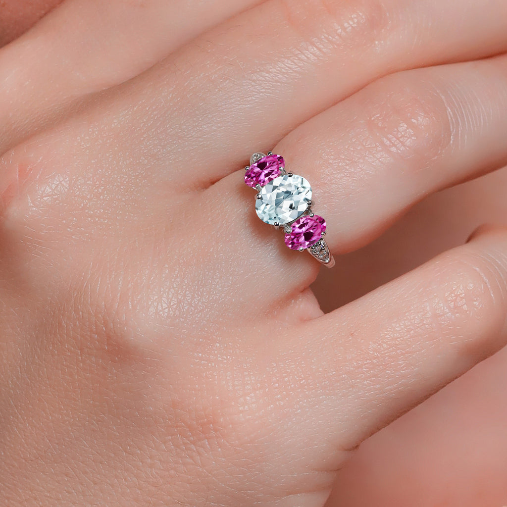 Aquamarine - Created Sapphire and Lab Grown Diamond_5_Ring in 10K White Gold