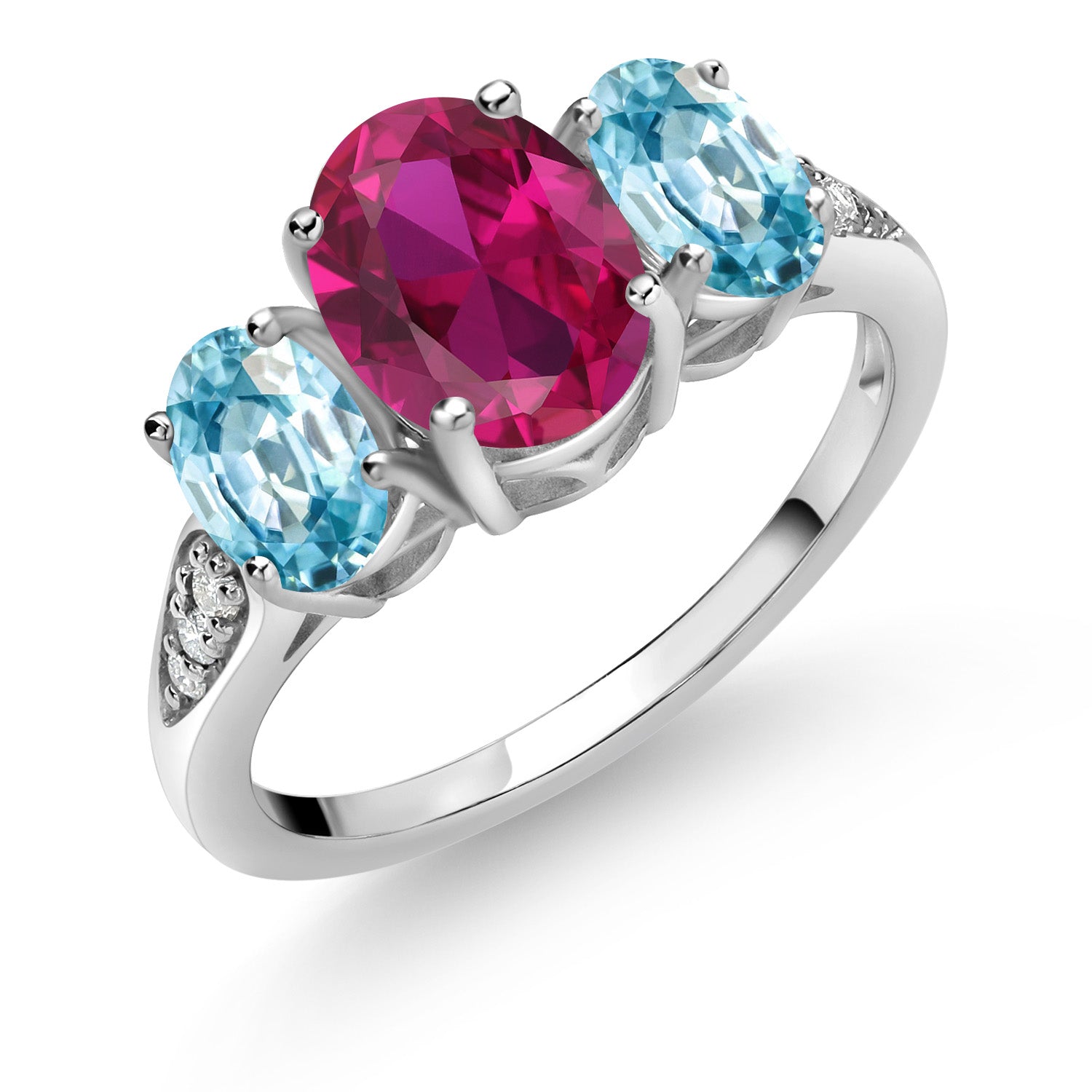 10K White Gold Red Created Ruby Blue Zircon and White Lab Grown Diamond 3 Stone Engagement Ring For Women (2.69 Cttw, Gemstone Birthstone, Available In Size 5, 6, 7, 8, 9)