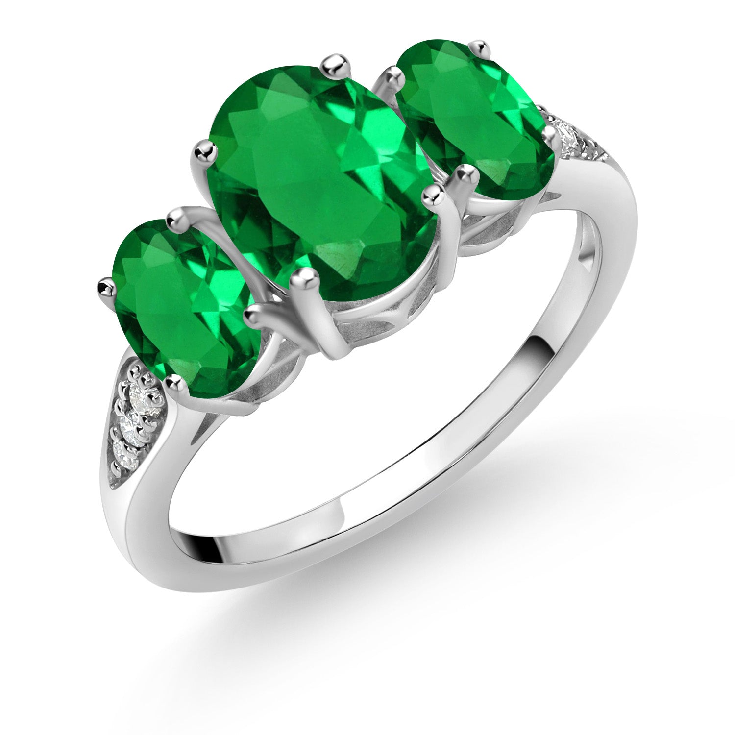 10K White Gold Green Nano Emerald and White Lab Grown Diamond 3 Stone Engagement Ring For Women (1.59 Cttw, Gemstone Birthstone, Available In Size 5, 6, 7, 8, 9)