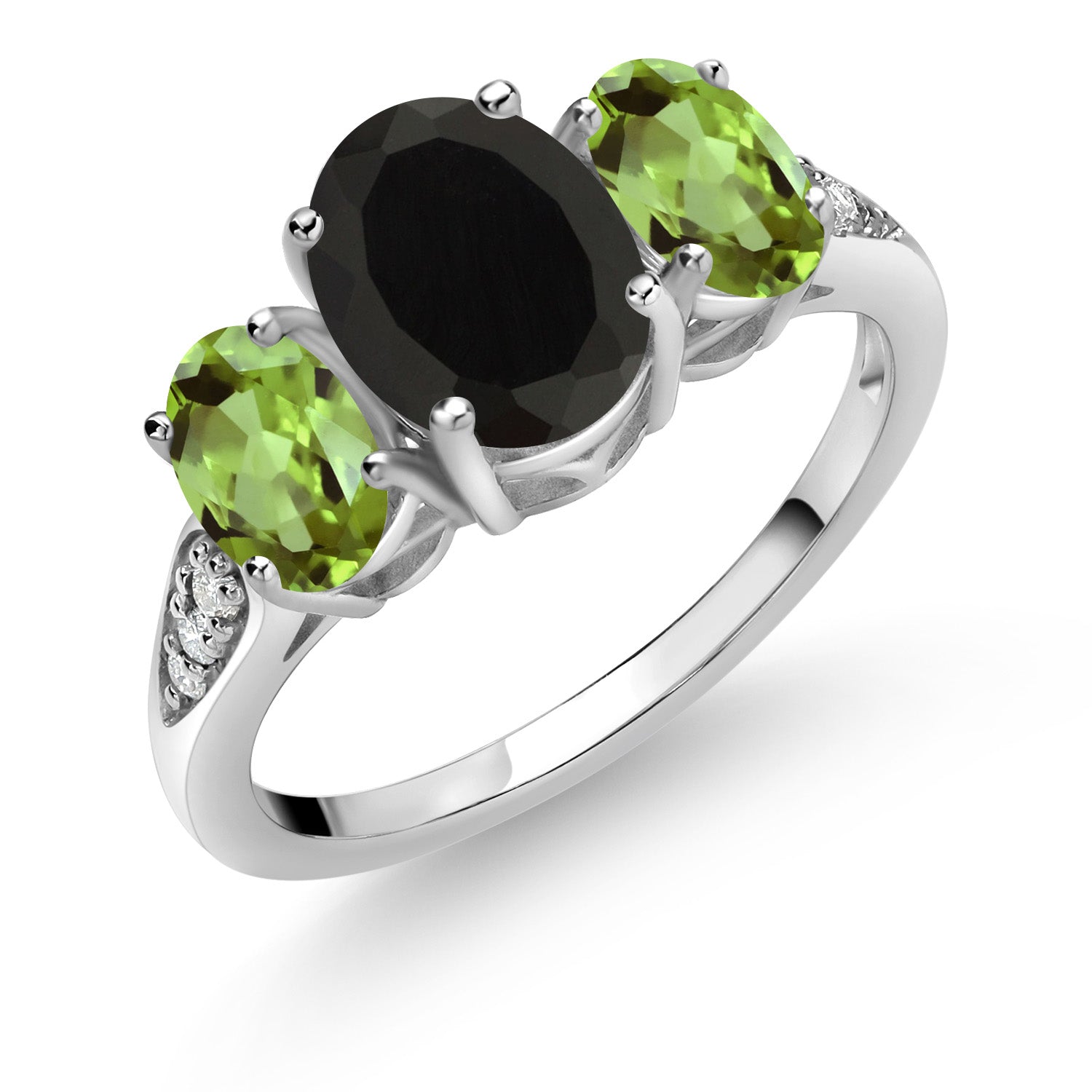 10K White Gold Black Onyx Green Peridot and White Lab Grown Diamond 3 Stone Engagement Ring For Women (2.64 Cttw, Gemstone Birthstone, Available In Size 5, 6, 7, 8, 9)