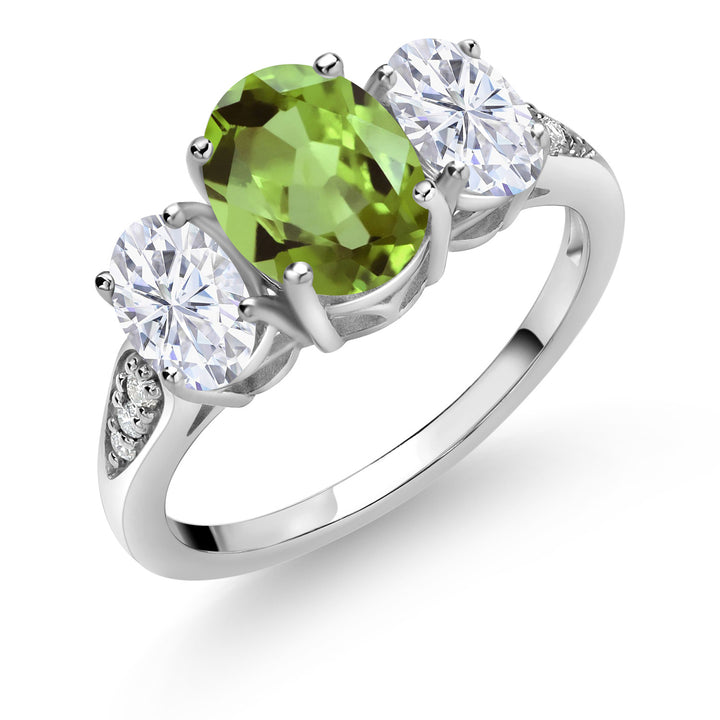 10K White Gold Green Peridot White Moissanite and White Lab Grown Diamond 3 Stone Engagement Ring For Women (2.46 Cttw, Gemstone Birthstone, Available In Size 5, 6, 7, 8, 9)