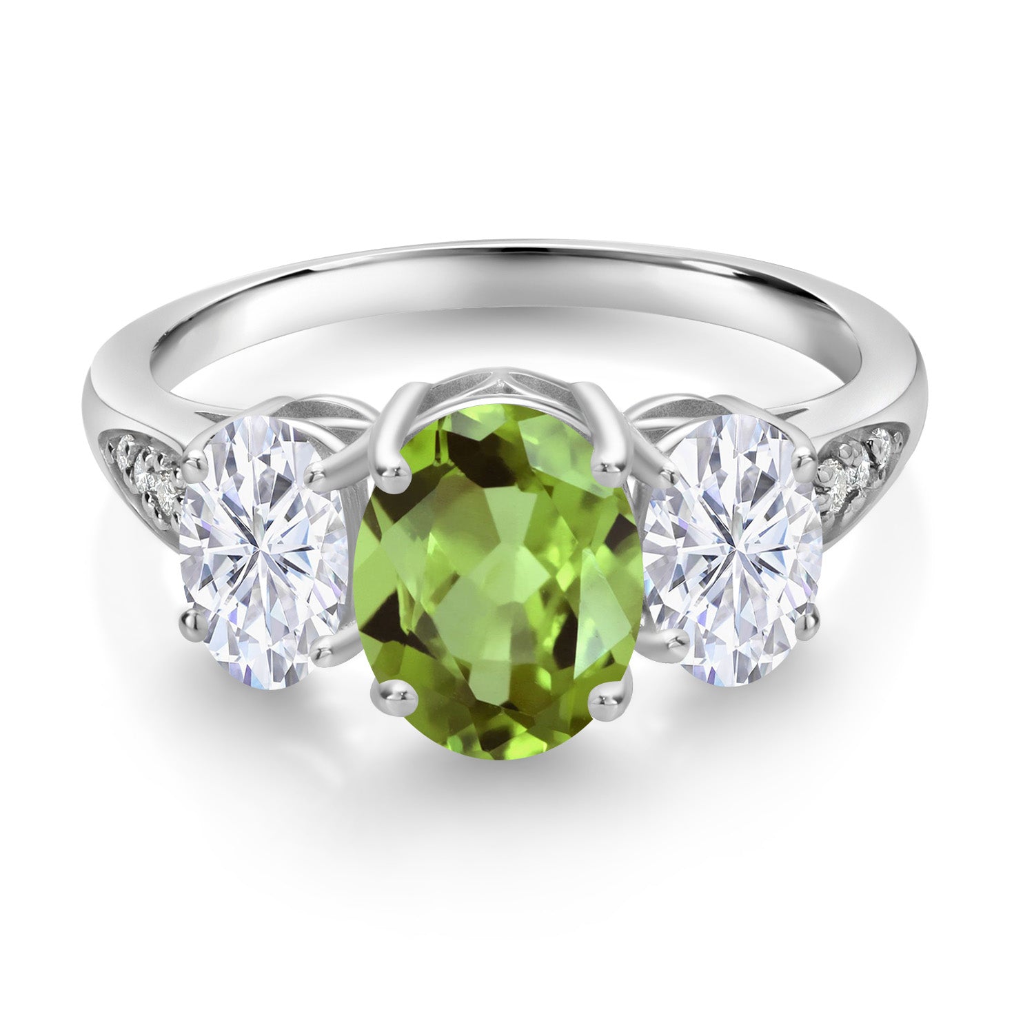 10K White Gold Green Peridot White Moissanite and White Lab Grown Diamond 3 Stone Engagement Ring For Women (2.46 Cttw, Gemstone Birthstone, Available In Size 5, 6, 7, 8, 9)