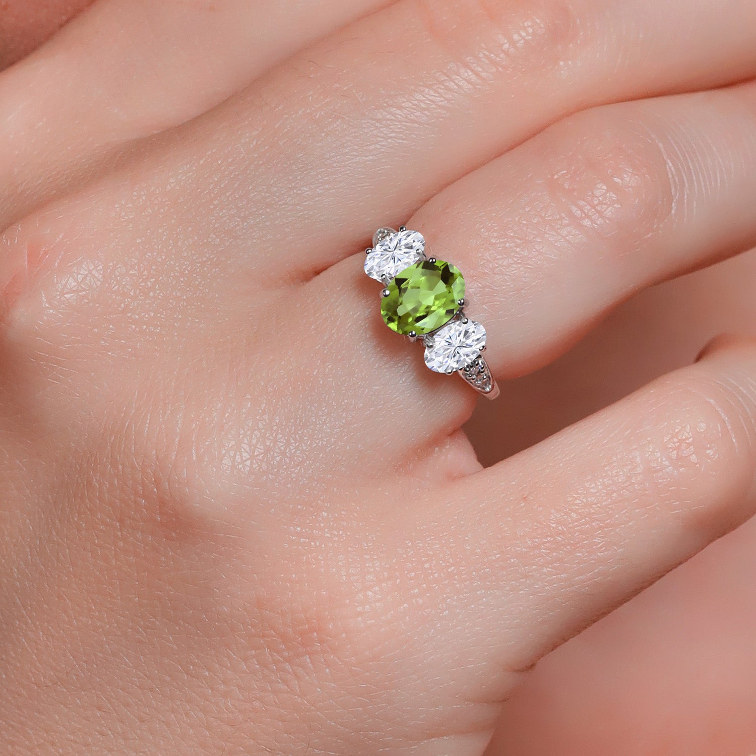 10K White Gold Green Peridot White Moissanite and White Lab Grown Diamond 3 Stone Engagement Ring For Women (2.46 Cttw, Gemstone Birthstone, Available In Size 5, 6, 7, 8, 9)