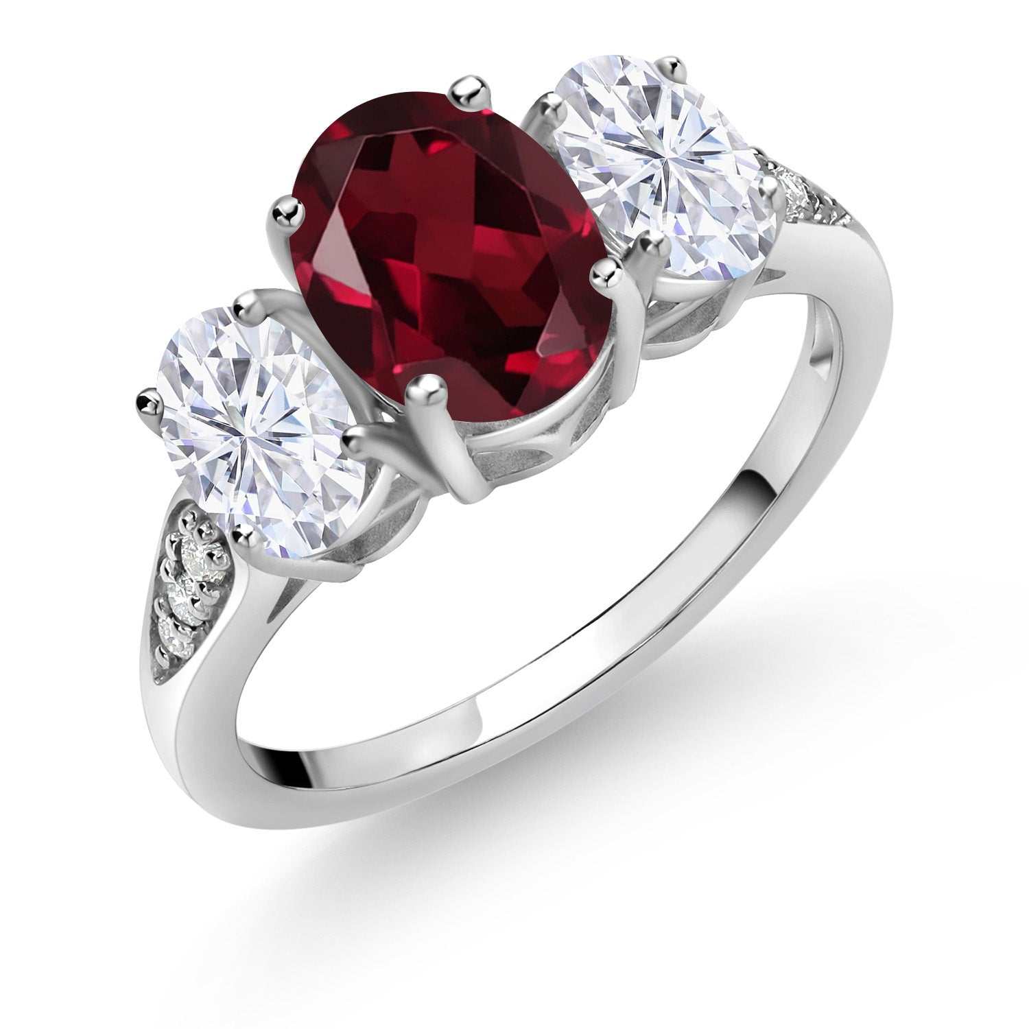 10K White Gold Red Rhodolite Garnet White Moissanite and White Lab Grown Diamond 3 Stone Engagement Ring For Women (2.39 Cttw, Gemstone Birthstone, Available In Size 5, 6, 7, 8, 9)