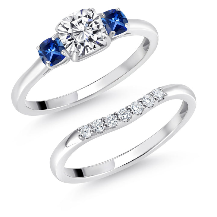 10K White Gold Lab Grown Diamond and Blue Created Sapphire 3-Stone Bridal Engagement Wedding Ring Set For Women | 0.84 Cttw | 5MM and 3MM Cushion Cut | Size 5,6,7,8,9