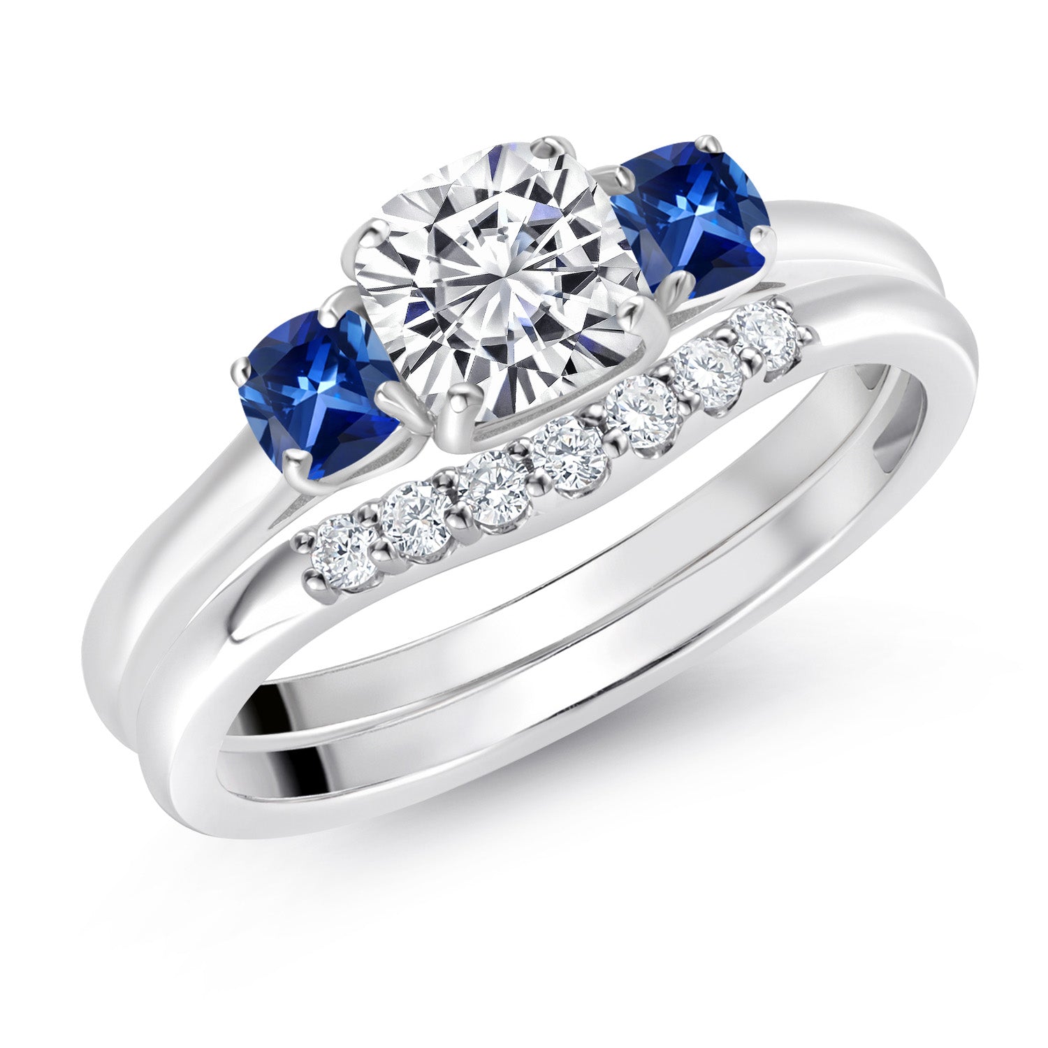 10K White Gold Lab Grown Diamond and Blue Created Sapphire 3-Stone Bridal Engagement Wedding Ring Set For Women | 0.84 Cttw | 5MM and 3MM Cushion Cut | Size 5,6,7,8,9