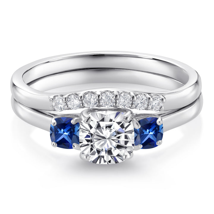 10K White Gold Lab Grown Diamond and Blue Created Sapphire 3-Stone Bridal Engagement Wedding Ring Set For Women | 0.84 Cttw | 5MM and 3MM Cushion Cut | Size 5,6,7,8,9