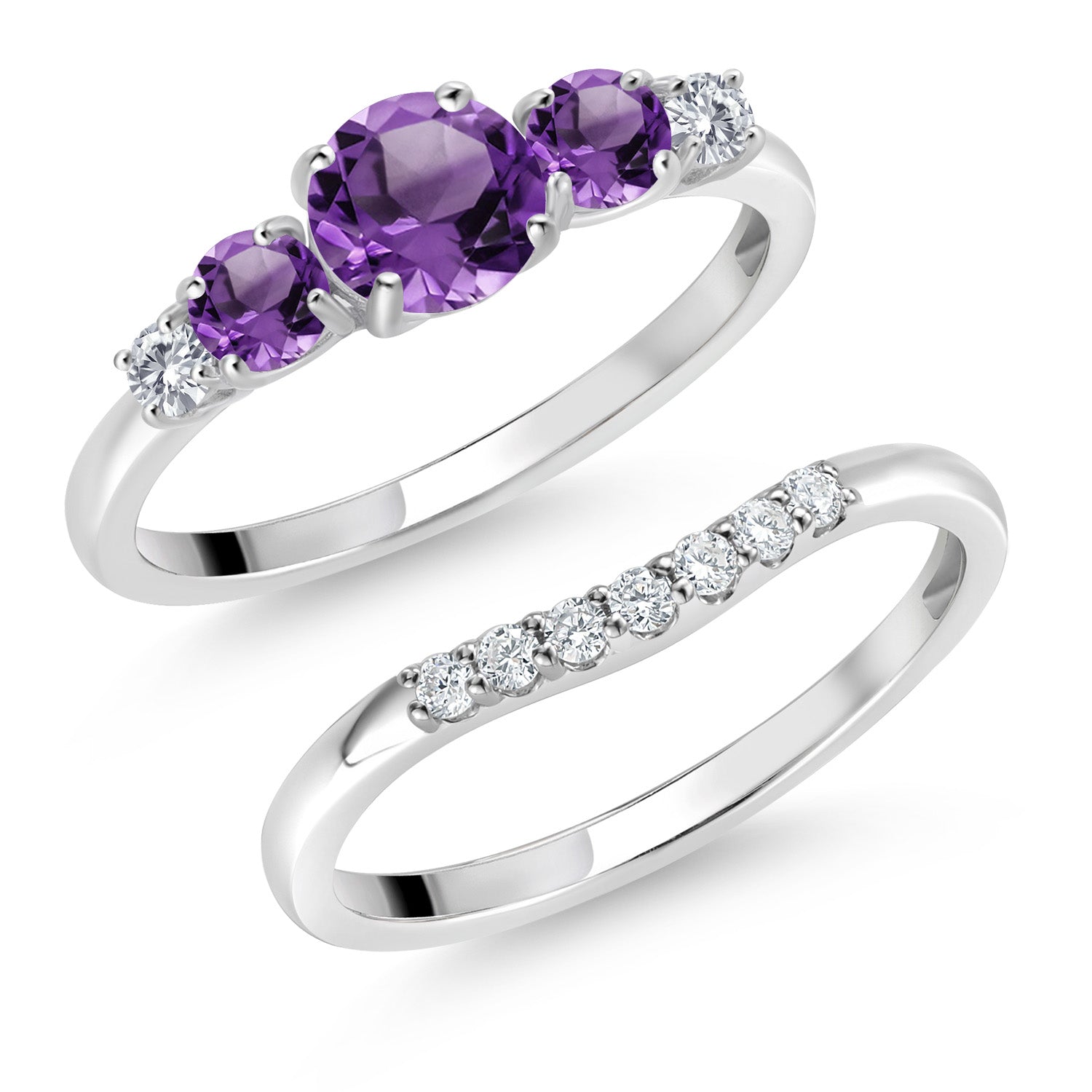 10K White Gold Purple Amethyst and White Lab Grown Diamond 5 Stone Bridal Engagement Wedding Ring Set For Women (0.78 Cttw, Round: 5MM and 3MM, Available in Size 5,6,7,8,9)