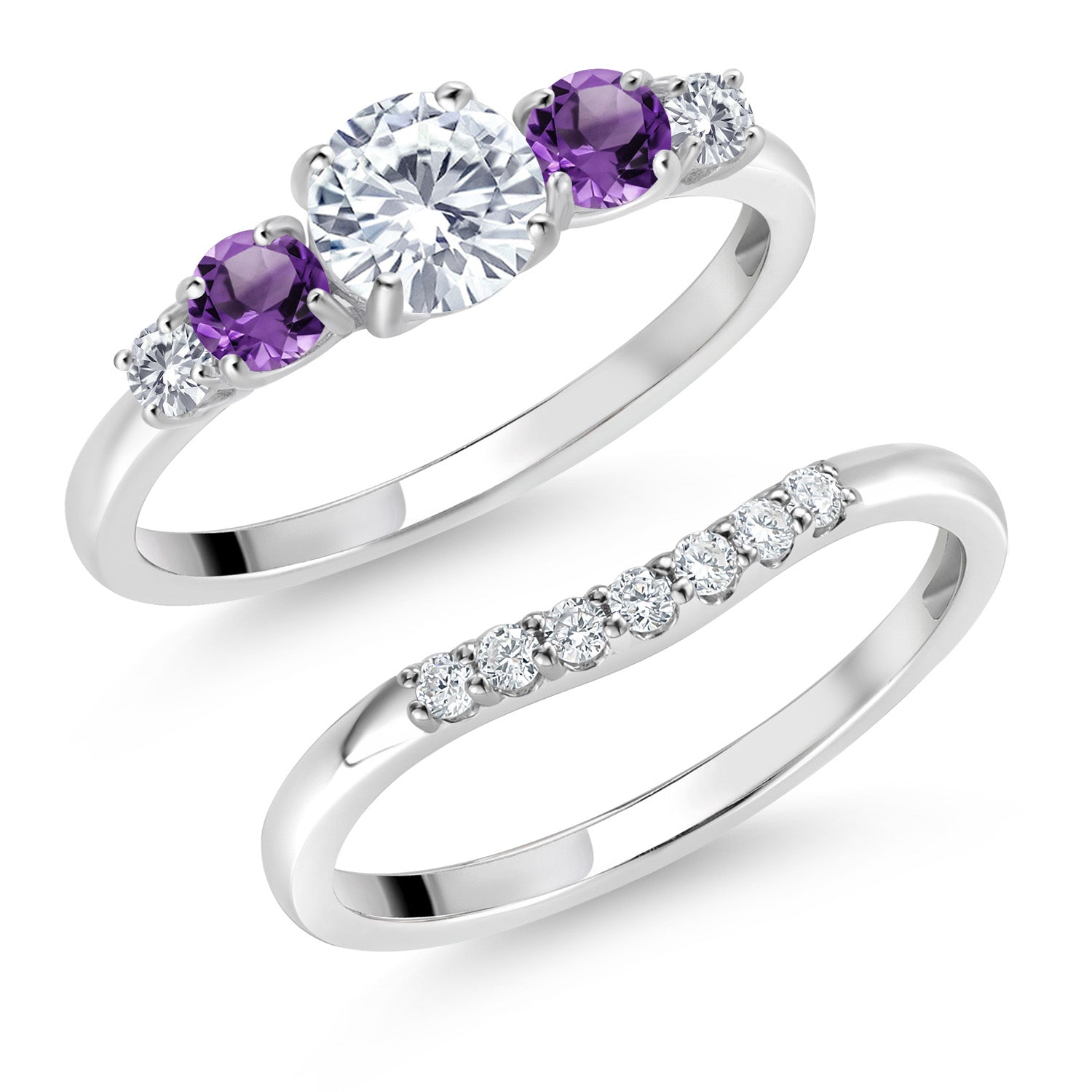 10K White Gold White Lab Grown Diamond and Purple Amethyst 5 Stone Bridal Engagement Wedding Ring Set For Women (0.81 Cttw, Round: 5MM and 3MM, Available in Size 5,6,7,8,9)