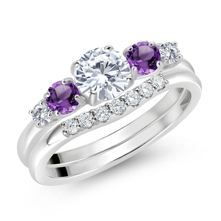 10K White Gold White Lab Grown Diamond and Purple Amethyst 5 Stone Bridal Engagement Wedding Ring Set For Women (0.81 Cttw, Round: 5MM and 3MM, Available in Size 5,6,7,8,9)