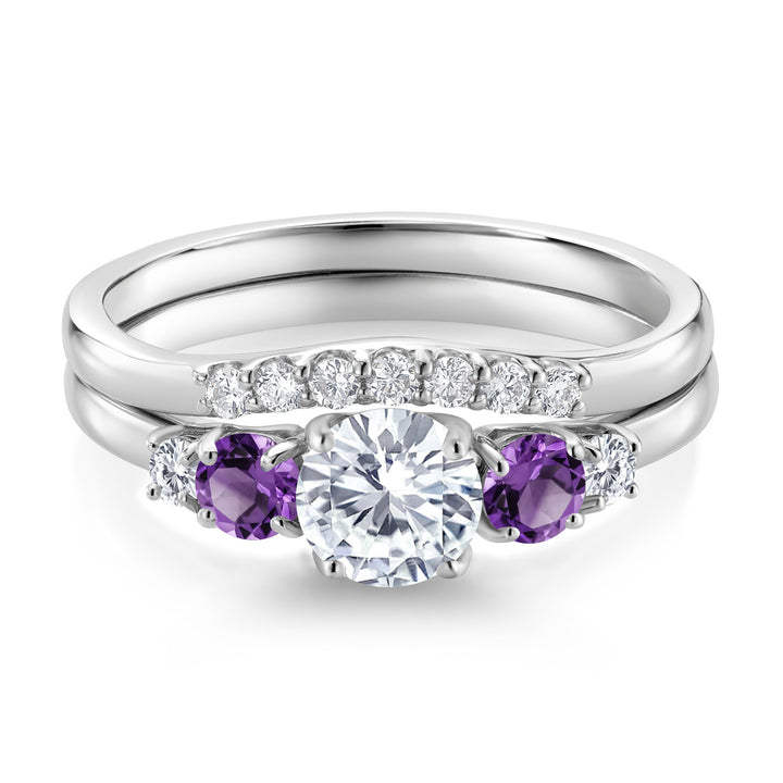 10K White Gold White Lab Grown Diamond and Purple Amethyst 5 Stone Bridal Engagement Wedding Ring Set For Women (0.81 Cttw, Round: 5MM and 3MM, Available in Size 5,6,7,8,9)