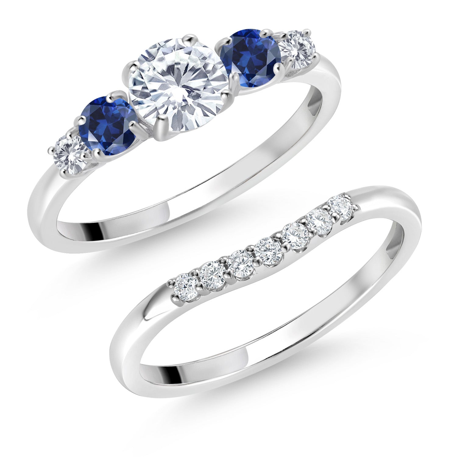 10K White Gold White Lab Grown Diamond and Blue Created Sapphire 5 Stone Bridal Engagement Wedding Ring Set For Women (0.89 Cttw, Round: 5MM and 3MM, Available in Size 5,6,7,8,9)