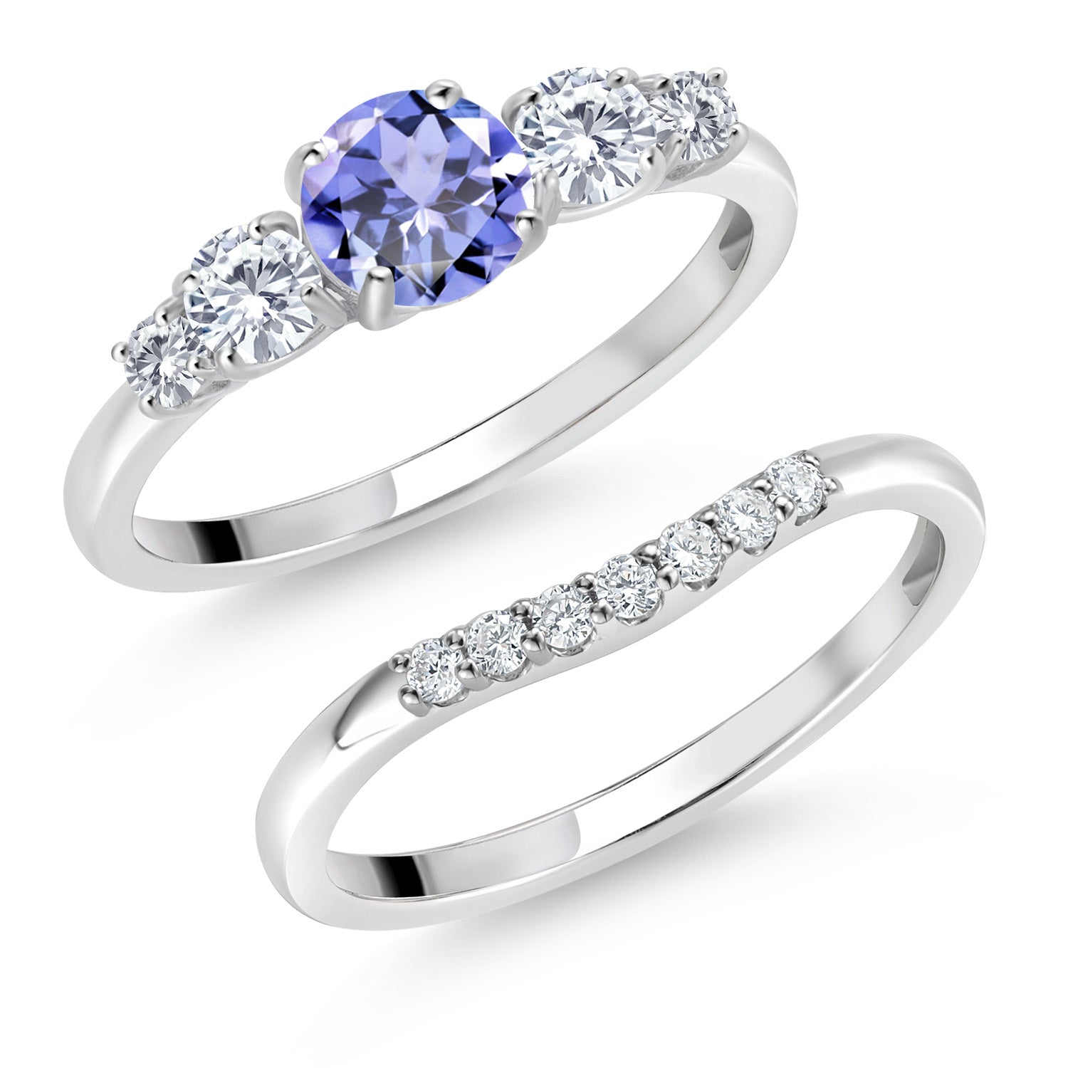 10K White Gold Blue Tanzanite and White Lab Grown Diamond 5 Stone Bridal Engagement Wedding Ring Set For Women (0.77 Cttw, Round: 5MM and 3MM, Available in Size 5,6,7,8,9)