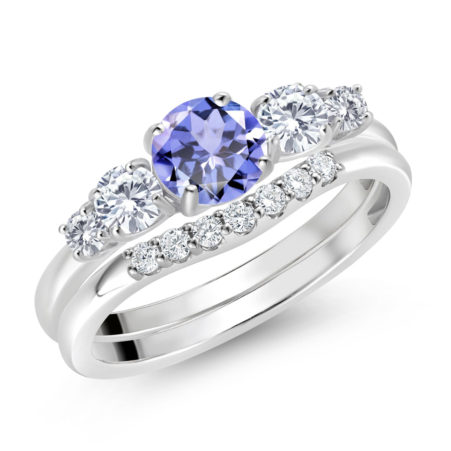 10K White Gold Blue Tanzanite and White Lab Grown Diamond 5 Stone Bridal Engagement Wedding Ring Set For Women (0.77 Cttw, Round: 5MM and 3MM, Available in Size 5,6,7,8,9)