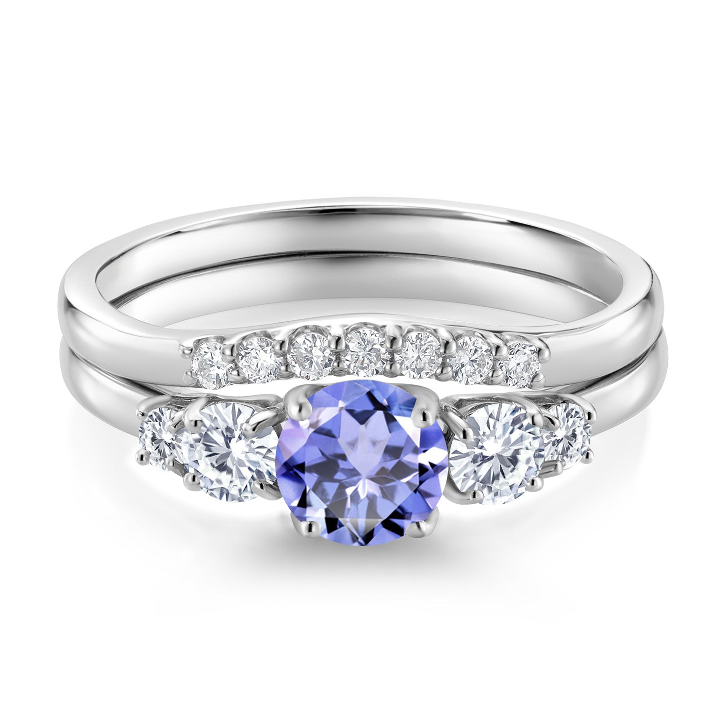 10K White Gold Blue Tanzanite and White Lab Grown Diamond 5 Stone Bridal Engagement Wedding Ring Set For Women (0.77 Cttw, Round: 5MM and 3MM, Available in Size 5,6,7,8,9)