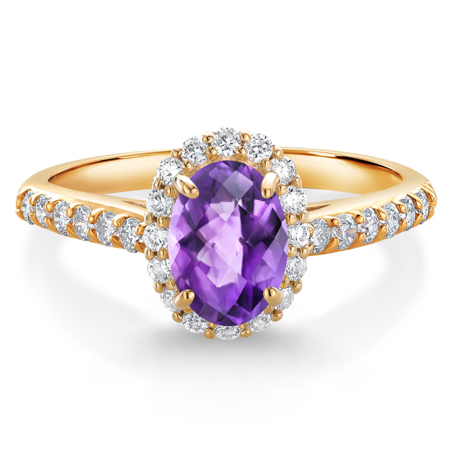 10K Yellow Gold Purple Amethyst and White Lab Grown Diamond Halo Engagement Ring For Women (1.06 Cttw, Gemstone February Birthstone, Oval Checkerboard 7X5MM)