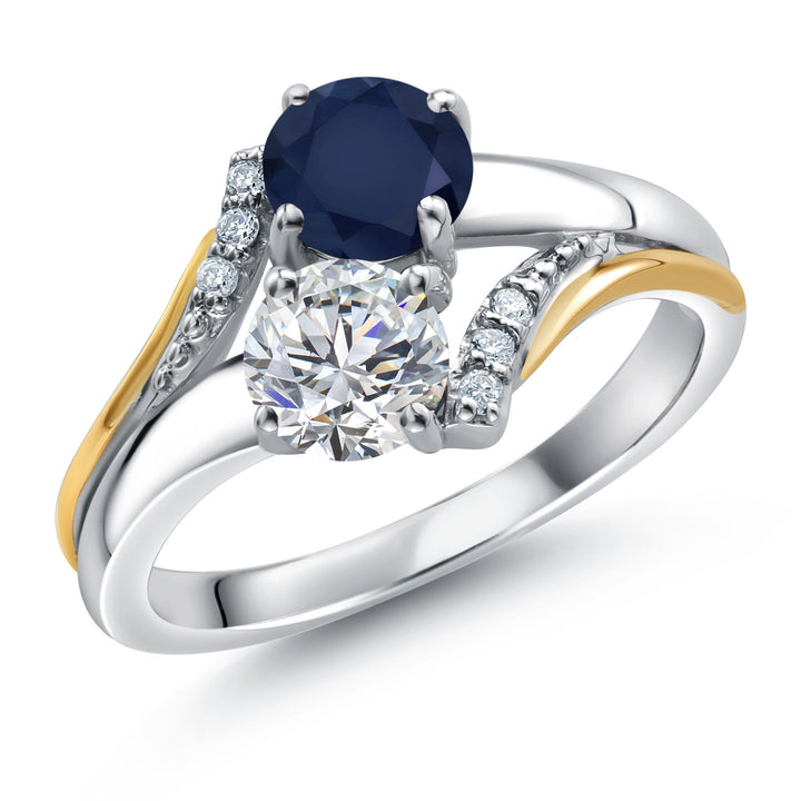 925 Silver and 10K Yellow Gold Lab Grown Diamond and Blue Sapphire Engagement Ring For Women | 1.14 Cttw | Round 5MM | Gemstone April Birthstone | Available in Size 5,6,7,8,9