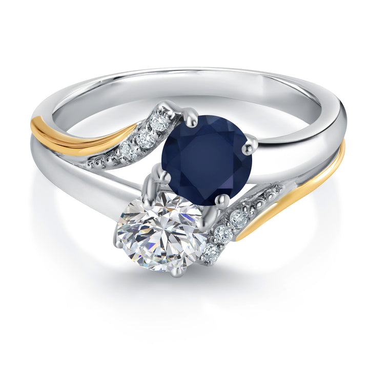 925 Silver and 10K Yellow Gold Lab Grown Diamond and Blue Sapphire Engagement Ring For Women | 1.14 Cttw | Round 5MM | Gemstone April Birthstone | Available in Size 5,6,7,8,9