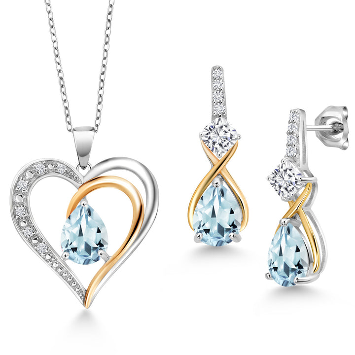 Aquamarine - March_Pendant Earrings Set in 925 Sterling Silver and 10K Yellow Gold