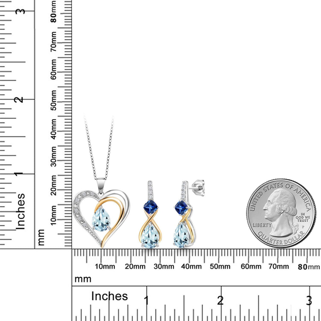 Aquamarine - March_Pendant Earrings Set in 925 Sterling Silver and 10K Yellow Gold